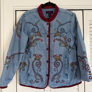 Denim&Co Blue Jean Jacket with Red Trim and Embroidery